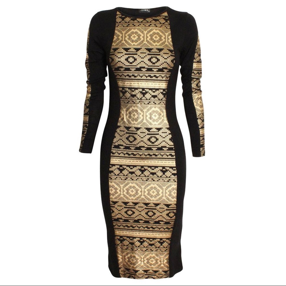 Club L Black & Gold Tribal Print Midi Dress